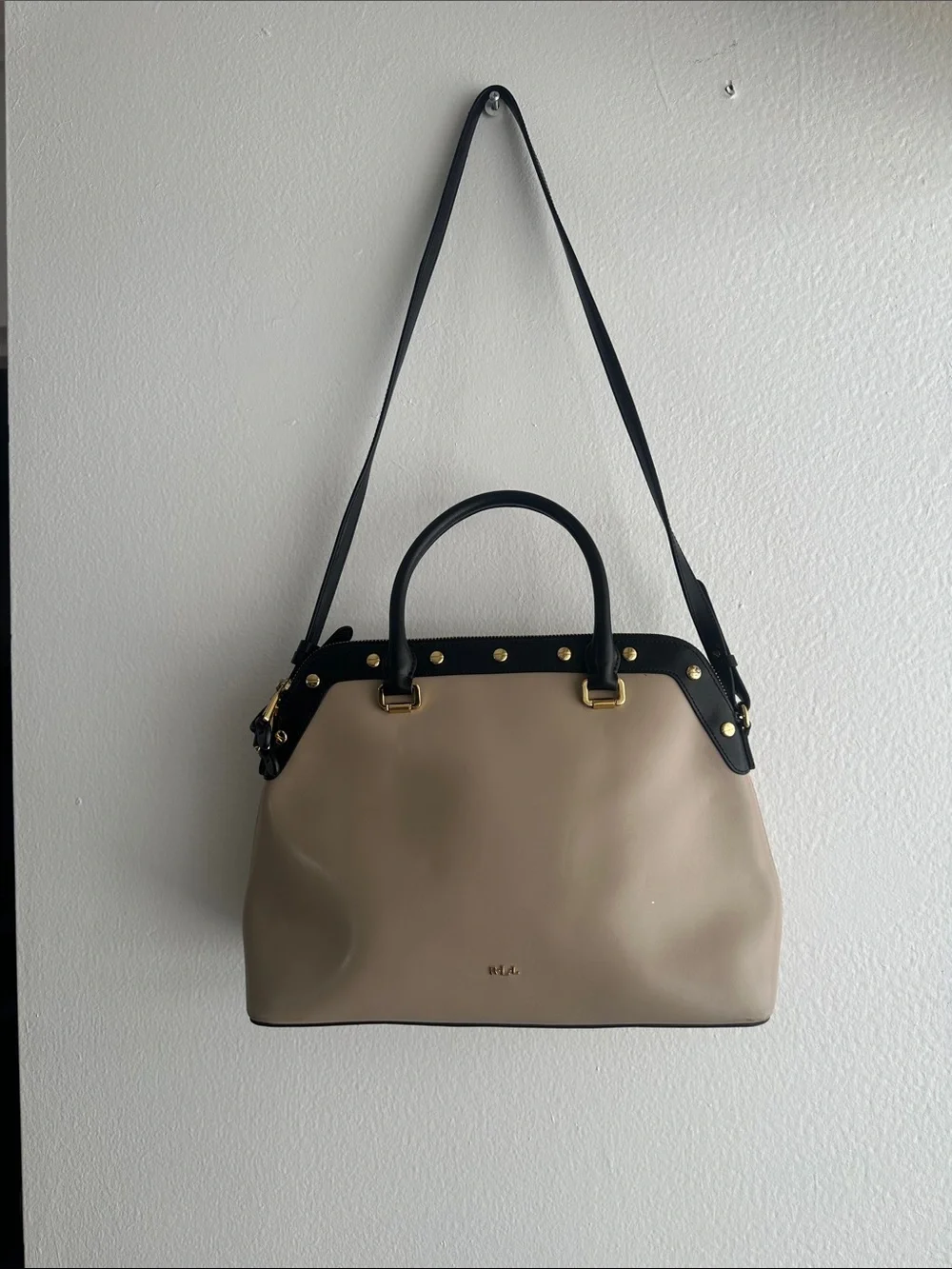 Ralph Lauren Beige and Black Leather Satchel with Gold Hardware
